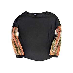 I Joah Premium Black Knit Top - Women's M - Waffle Boho Print Balloon Sleeve